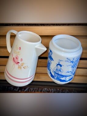 Vintage Unique Set- Blue White Asian Motif Jar & Sweet Creamer Pitcher Pink Rose